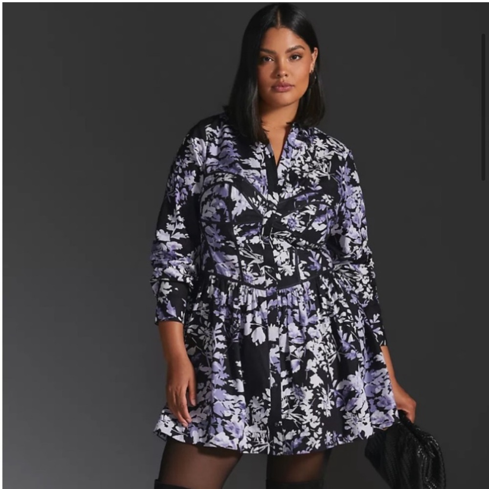 By Anthropologie Corset Shirt Dress SIZE 8 shirtdress black floral